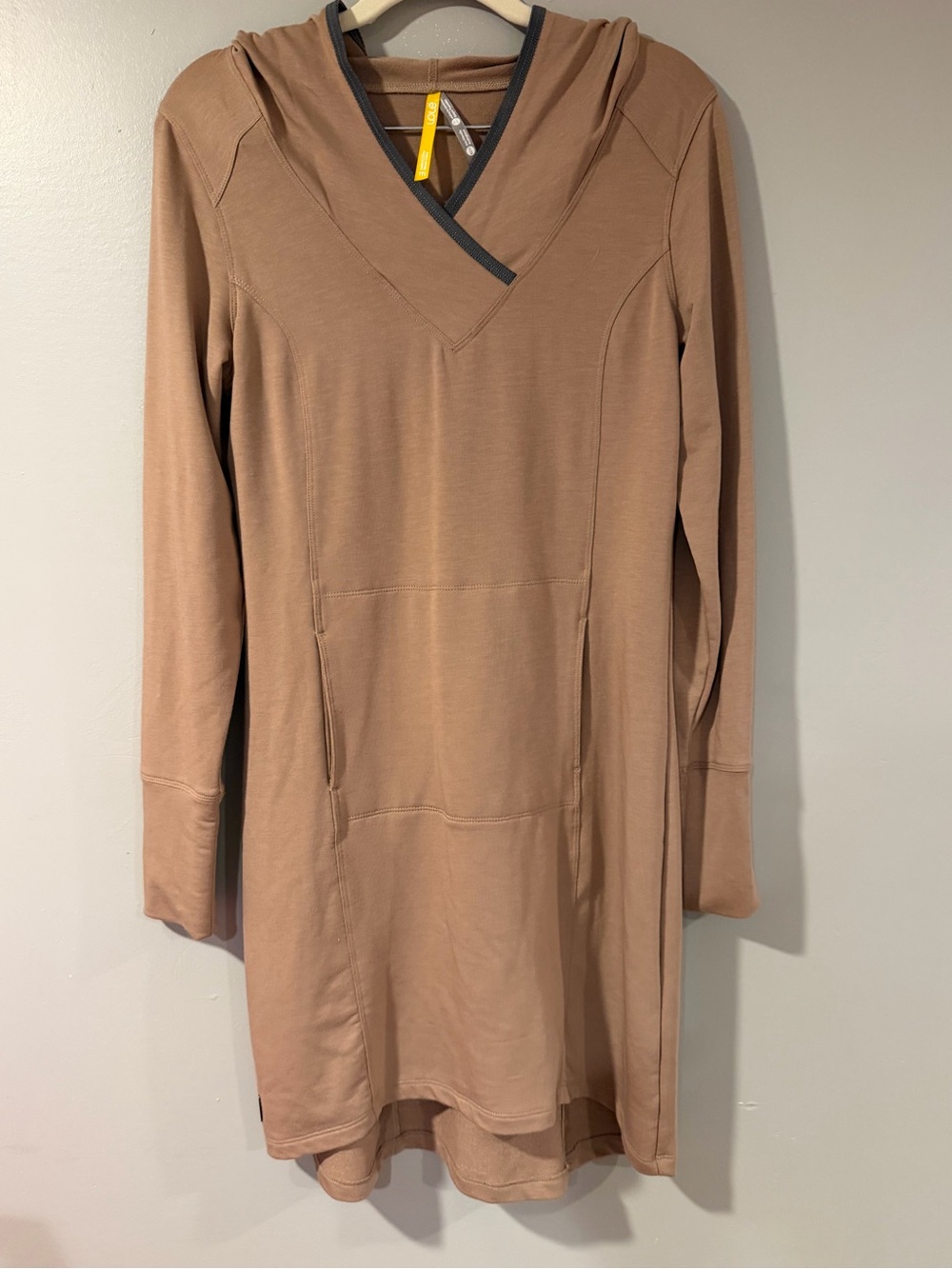 Lole Long Sleeve Hooded Tunic Dress in Taupe with Dark Trim